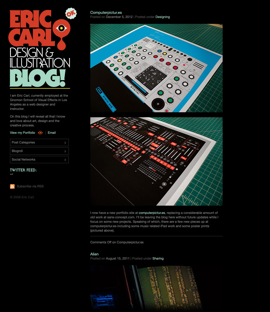 Screenshot of a website with a black background and colorful, illustrative title, displaying a blog post with photographs of posters.