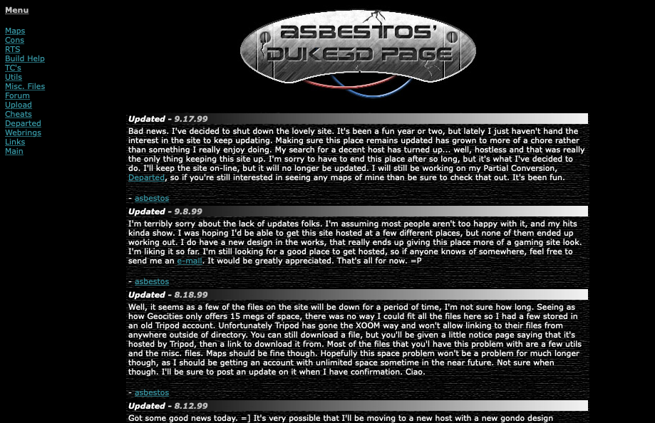Screenshot of a website with a left-hand navigation, list of news updates on the right, topped with a science fiction style logo.