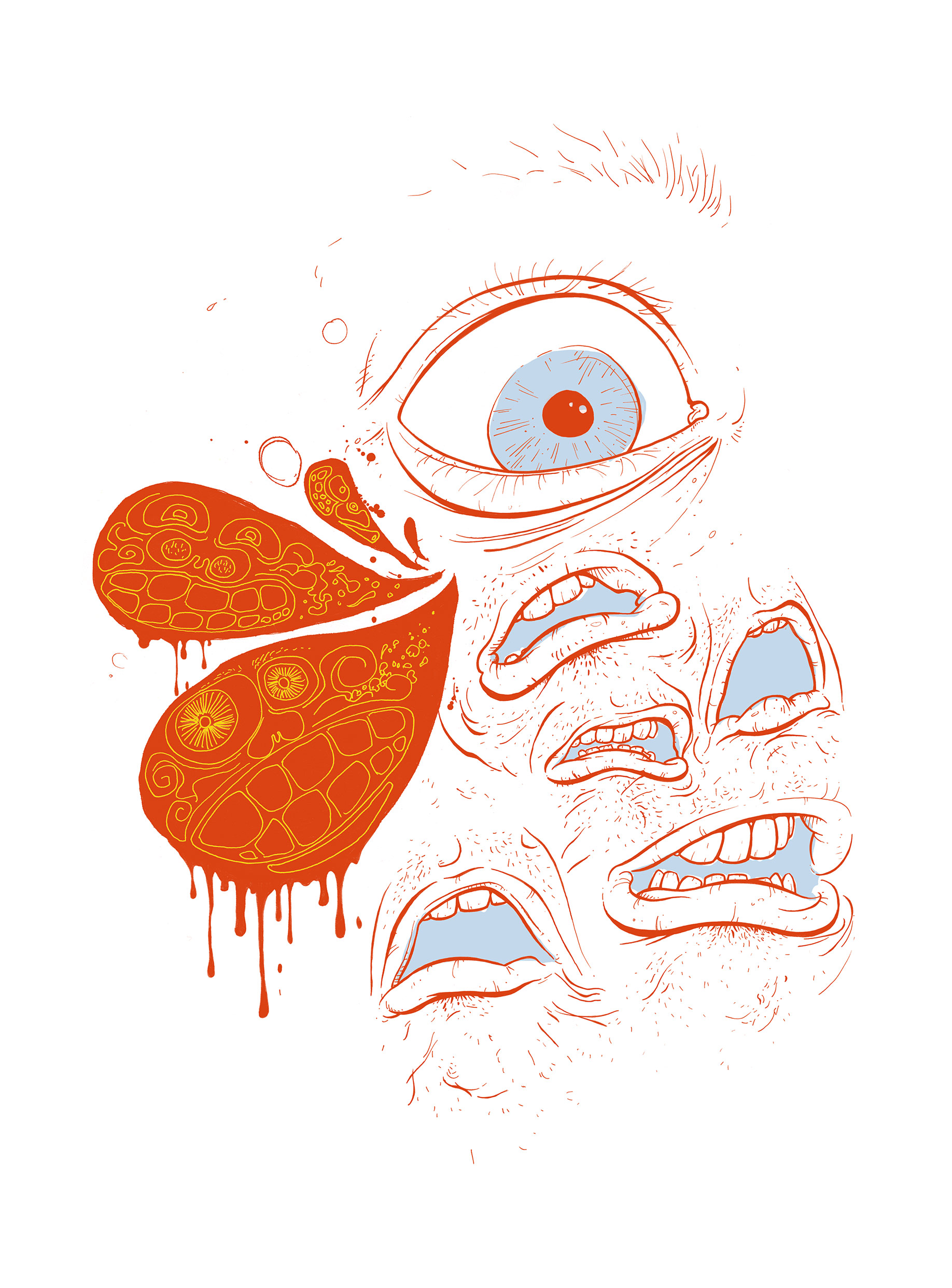 Abstract illustration of a large eye, several frowning mouths, and speech bubbles, with red line art on a white background.