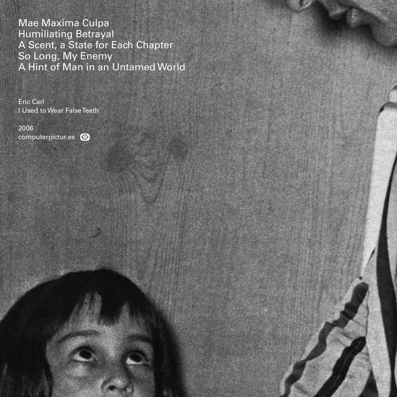 The back of a music album cover, including a found photograph of a person serving breakfast to a child with the album's tracklist overlaid in the top left corner.