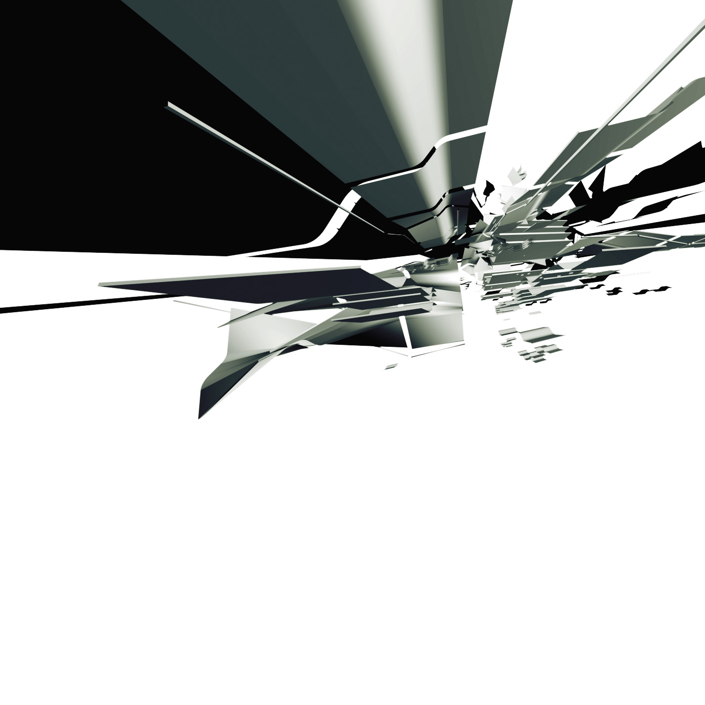 Musical album art containing abstract 3D shapes with an exaggerated perspective displayed on a white background.
