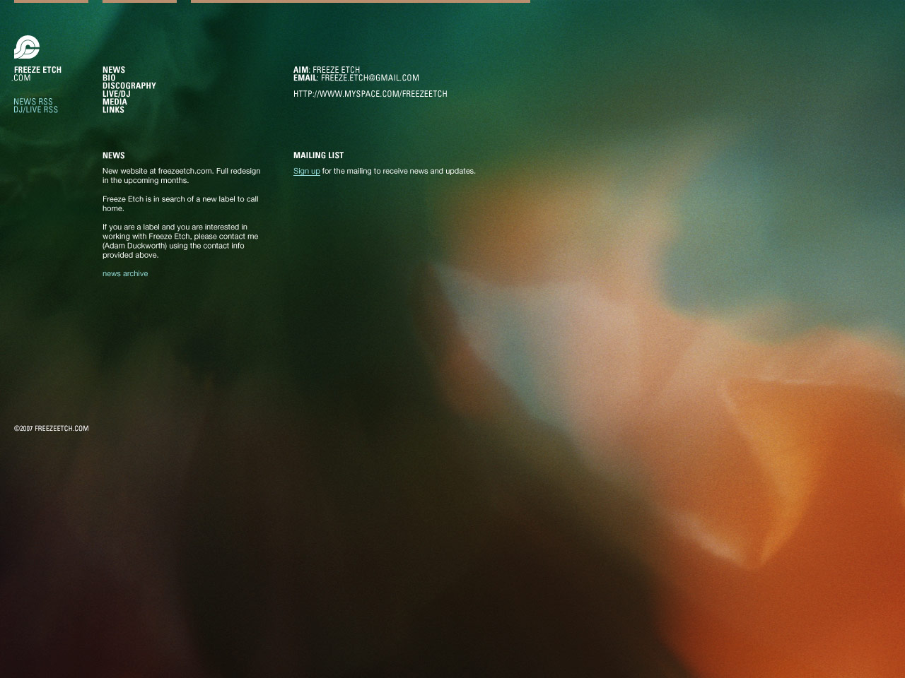 Screenshot of a website with a large, abstract green and orange background, with minimal, geometrically arranged paragraphs of text.