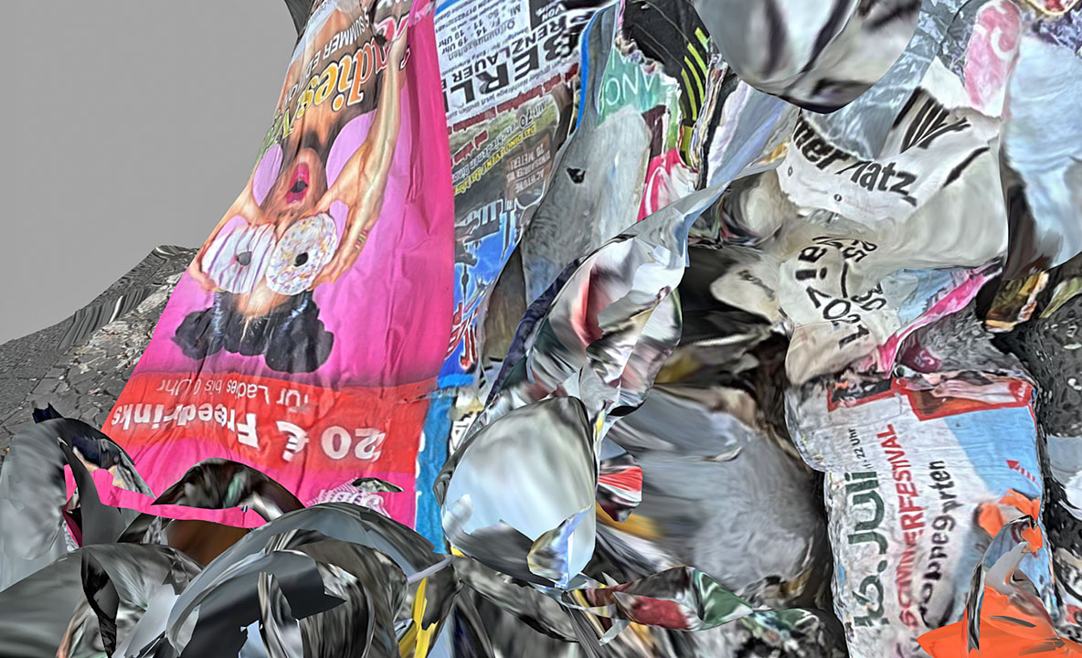 A piece of abstract digital artwork consisting of twisted and distorted shapes that vaguely resemble promotional posters and trash as are found in urban environments.