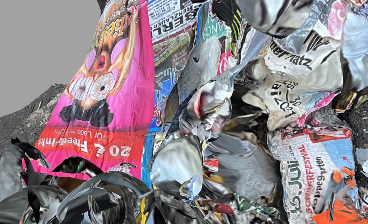 A piece of abstract digital artwork consisting of twisted and distorted shapes that vaguely resemble promotional posters and trash as are found in urban environments.