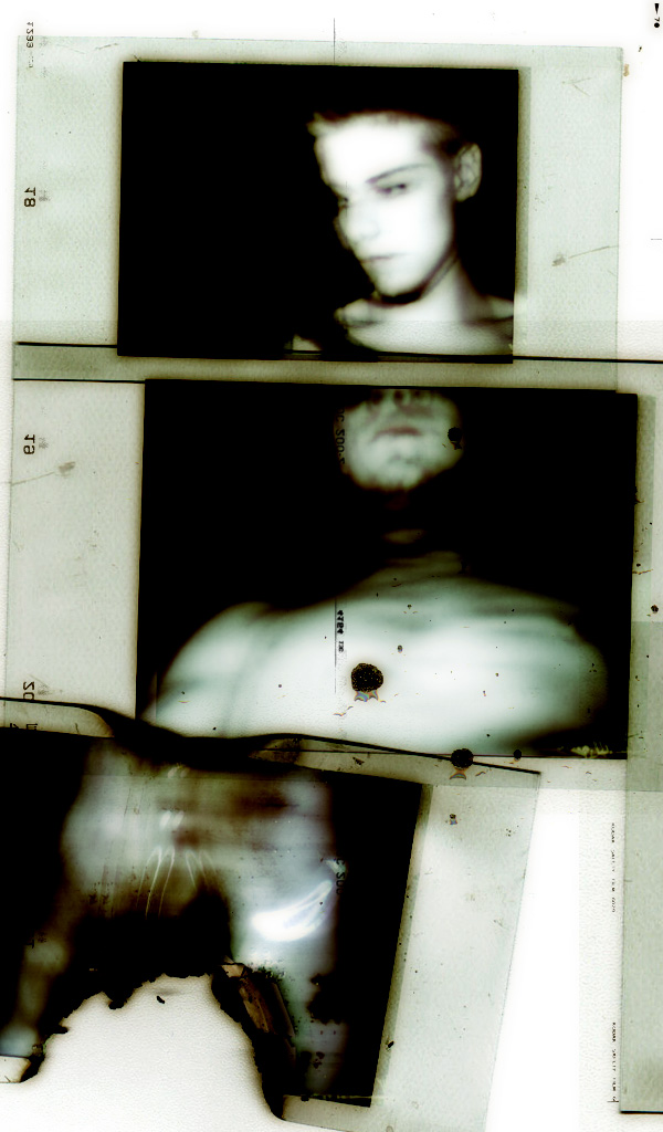 Digital artwork showing dark, abstract photographs of a man's body, stacked in a vertical composition.
