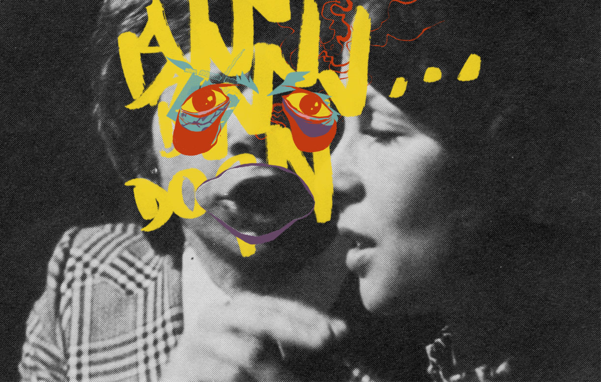 Screenshot of a website displaying a digital collage with a 70s era photograph of a man yelling at a woman and abstract drawings and bright colors on his face.