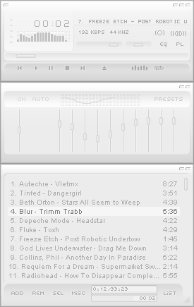 A screenshot of the Winamp audio player with a minimal white visual appearance.