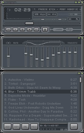 A screenshot of the Winamp audio player with a futuristic blue, grey, and green appearance.